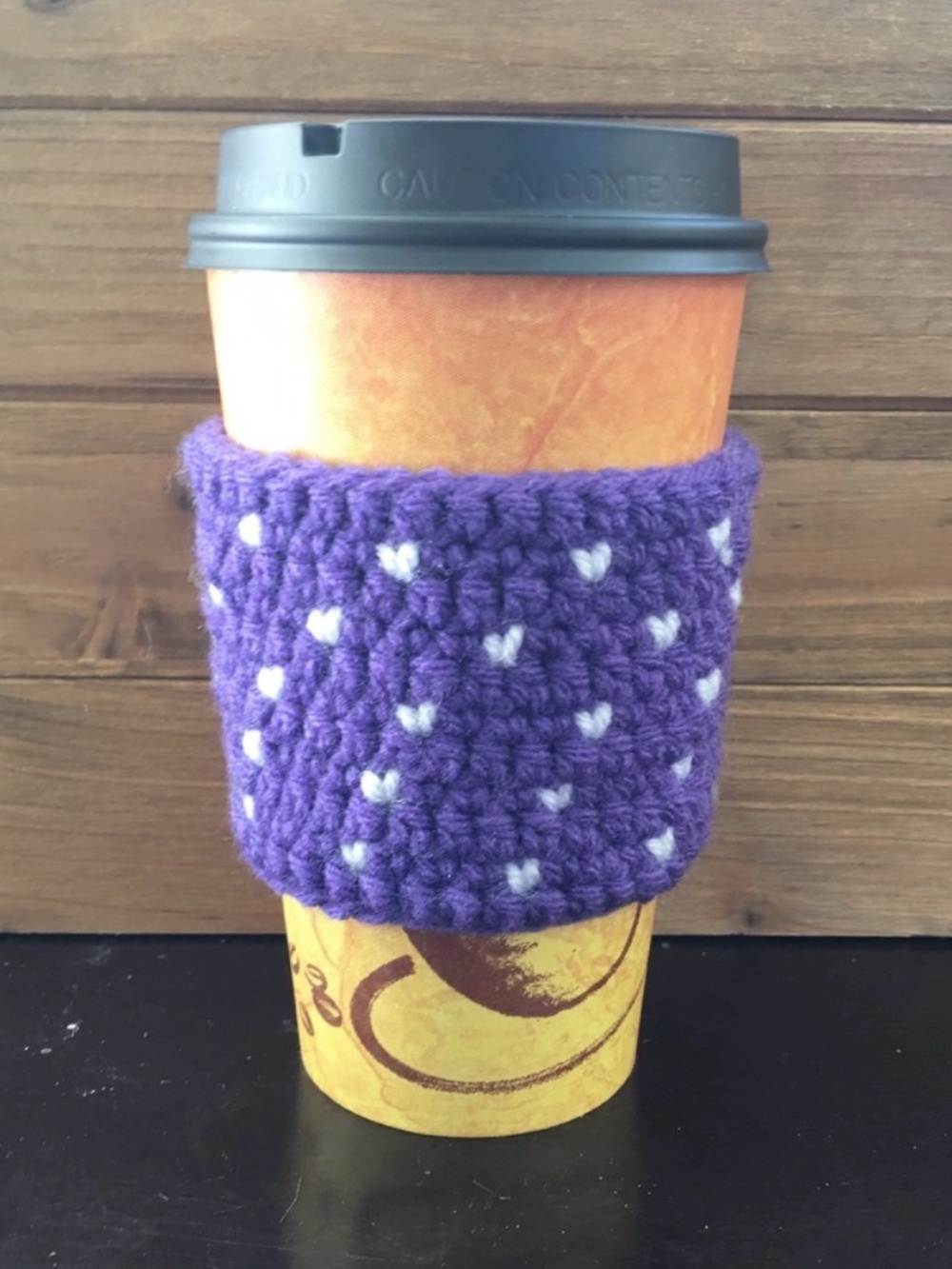 Handmade Purple Crochet Coffee Cozy with White Hearts